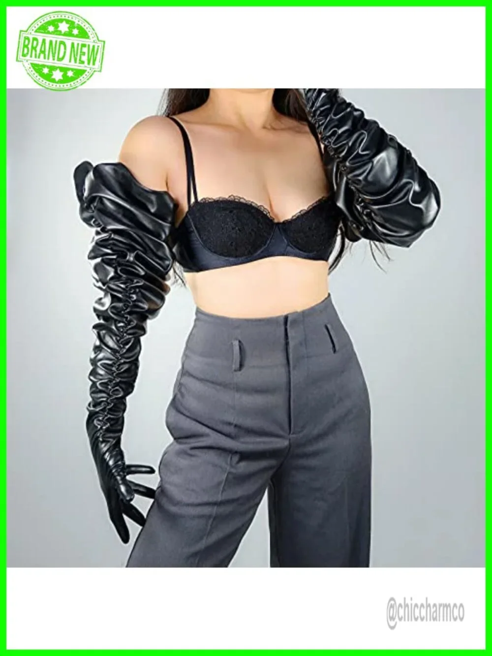 Faux Leather Ruched Pleated Wide Sleeve Shoulder Length Gloves